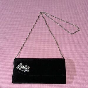 Velvet Feel Black Clutch with Detachable Chain Strap And Jewel Design